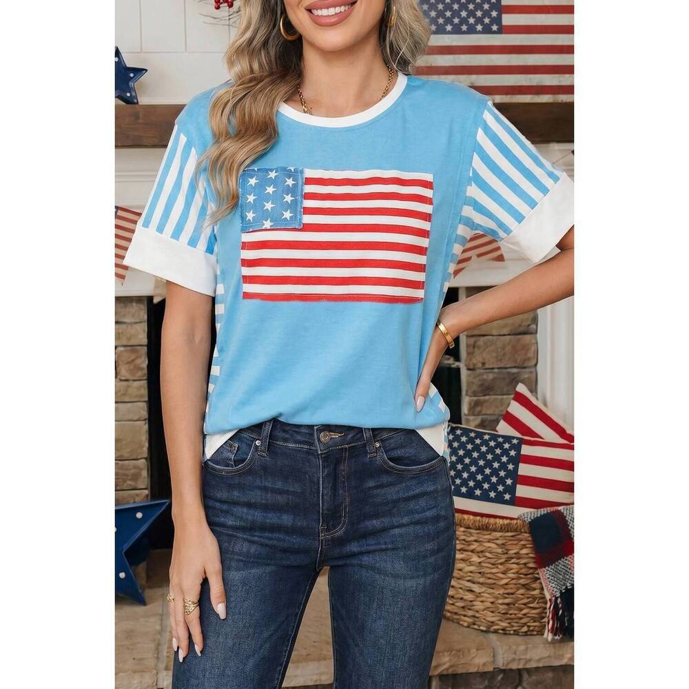 NEW SHEWIN flag print colorblock top in blue